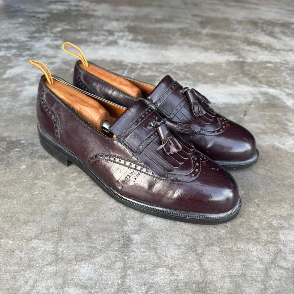 Vintage 90's Nunn Bush shiny leather wing tip tassel loafers shoes 9 1/2 W - Picture 3 of 7